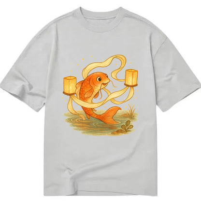 Koi weaving silk streamers through floating lanterns on tranquil water - Classic T-shirt - Grey