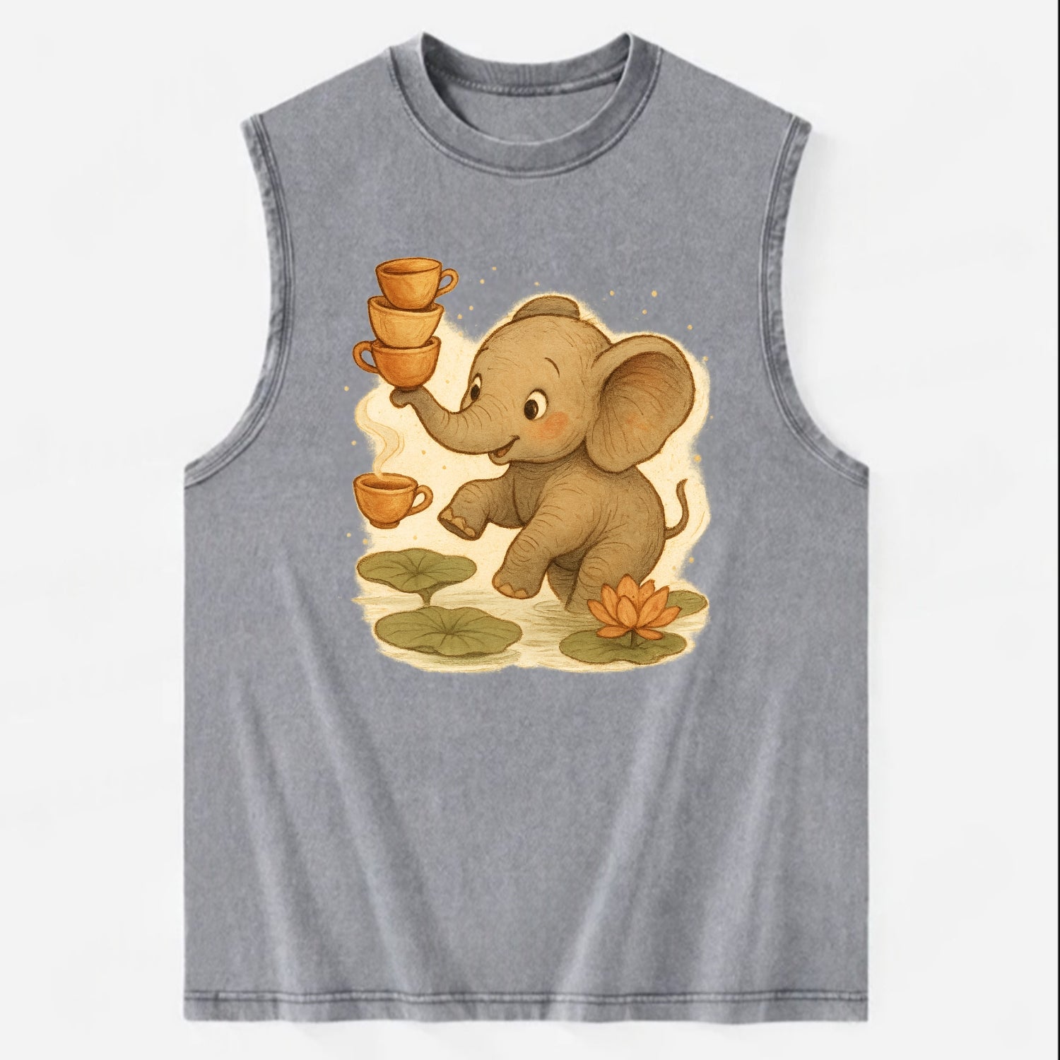 Elephant balancing teacups during a floating tea ceremony beside lotus ponds - Vintage Washed Tank - Grey