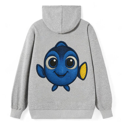 Baby Blue Tang - bright blue with yellow tail, big eyes, front-facing, - Classic Pullover Hoodie - Grey