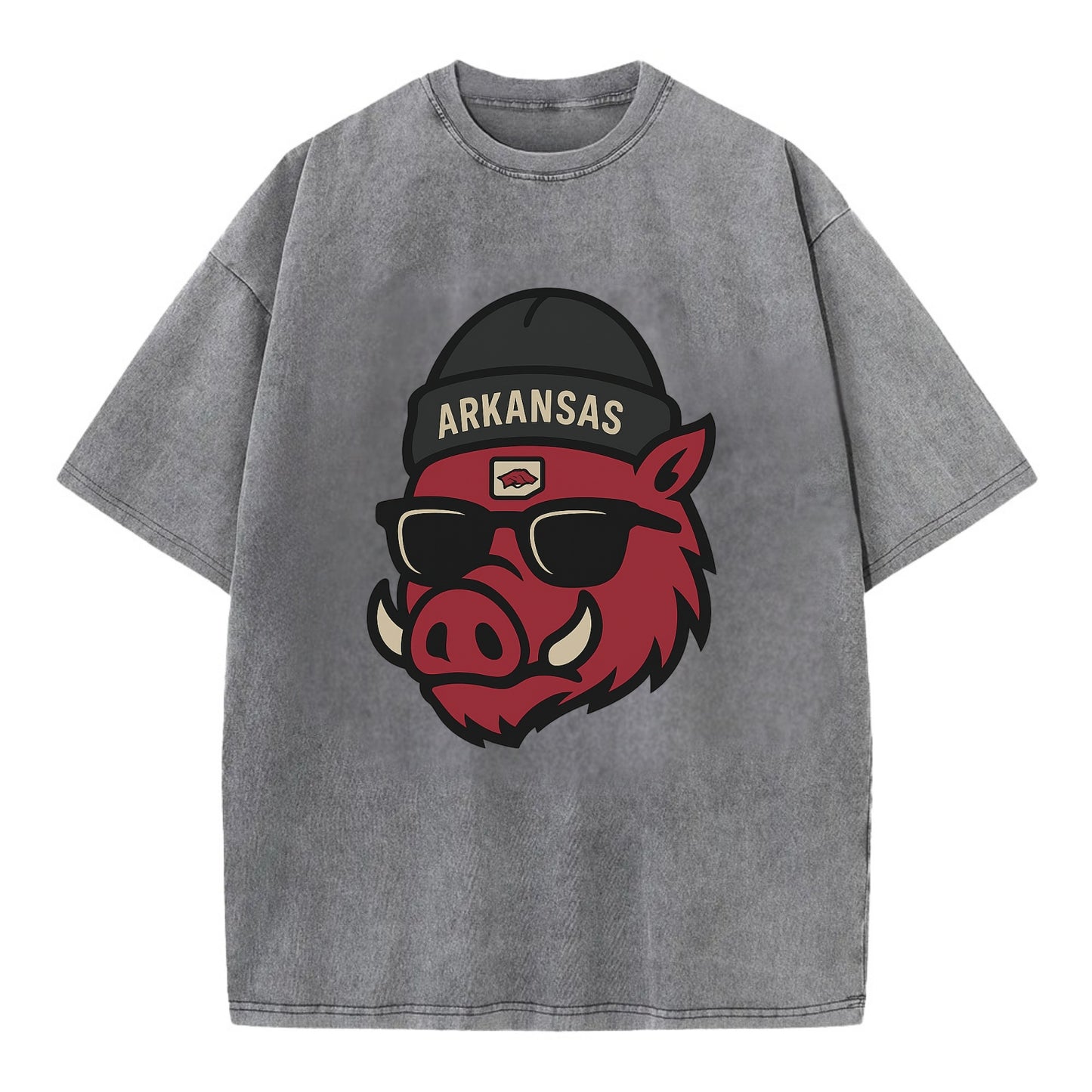 Fayetteville Razorback wearing Arkansas beanie with hog patch - Vintage T-shirt - Grey
