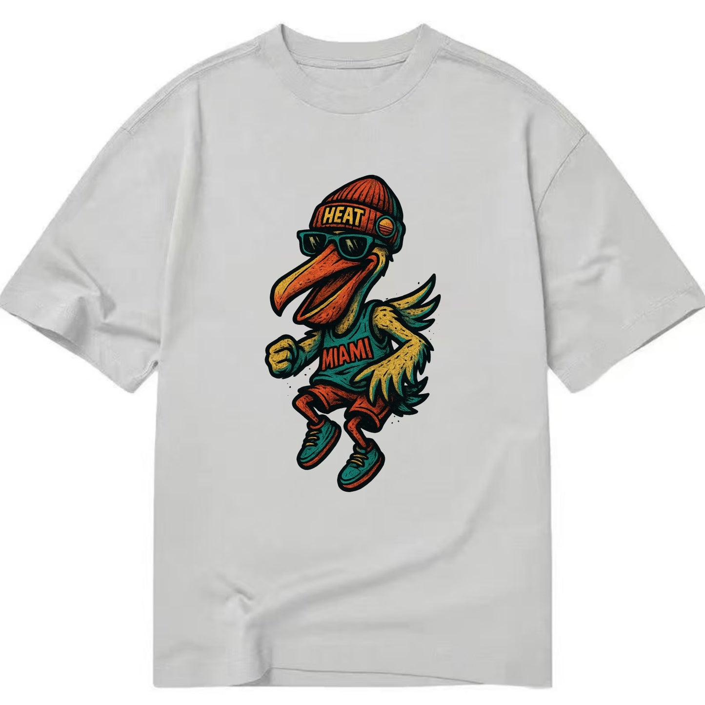 Miami Pelican wearing Heat beanie with sunset patch and wayfarer sunglasses - Classic T-shirt - Grey