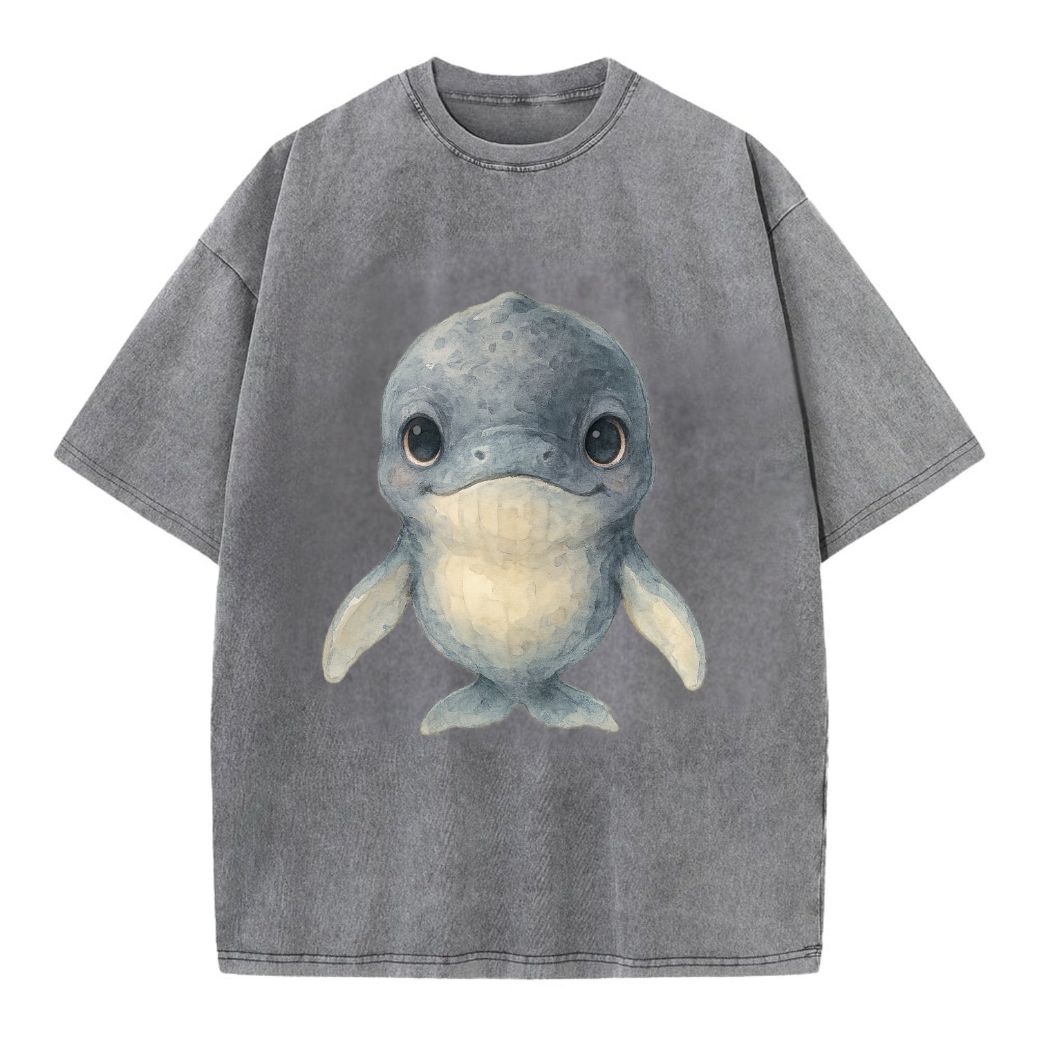 Baby Humpback Whale - dark gray with white flippers, large gentle eyes, - Vintage T-shirt - Grey