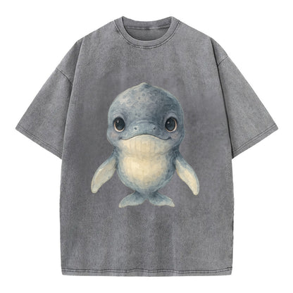 Baby Humpback Whale - dark gray with white flippers, large gentle eyes, - Vintage T-shirt - Grey