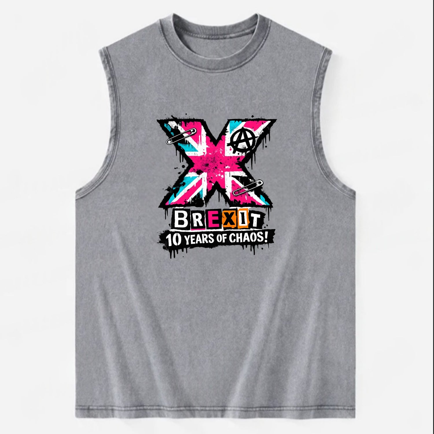 X YEARS | Roman numeral X massive | Union Jack fill pattern | Bold statement - Vintage Washed Tank - Grey