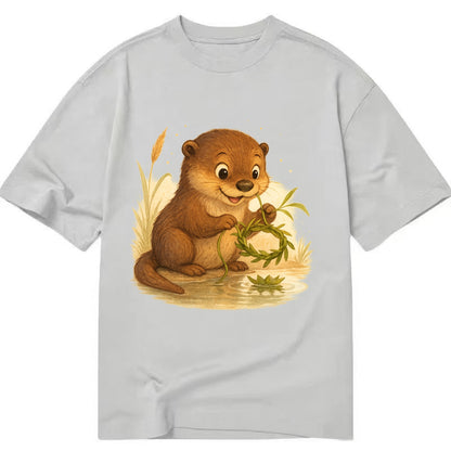 Otter weaving river reeds into a floating crown beside mirror-still water - Classic T-shirt - Grey