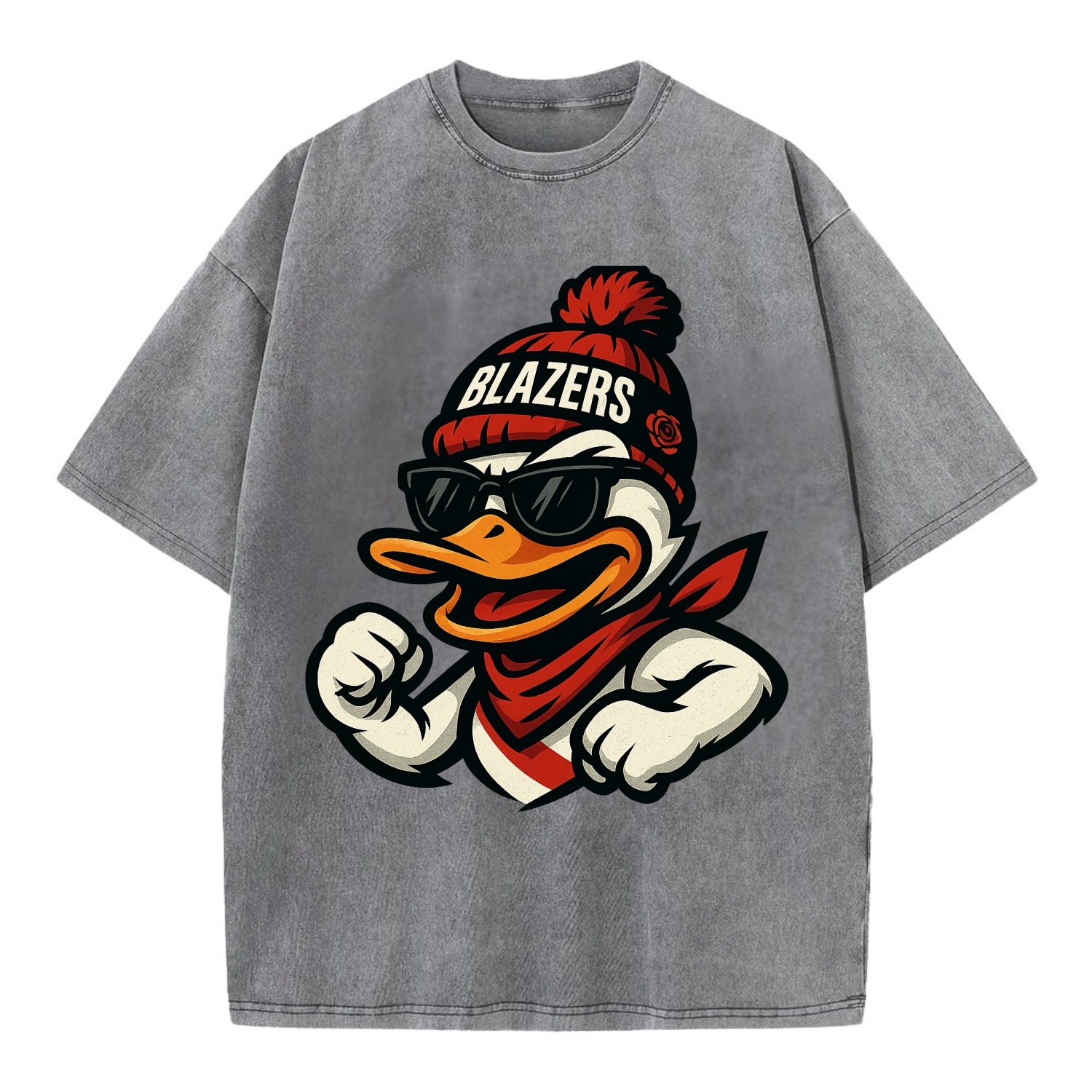 Oregon Duck wearing Trail Blazers beanie with rose patch and wayfarer sunglasses - Vintage T-shirt - Grey