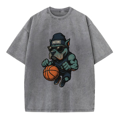 Detroit Pitbull wearing Pistons beanie with chrome patch and wayfarer sunglasses - Vintage T-shirt - Grey