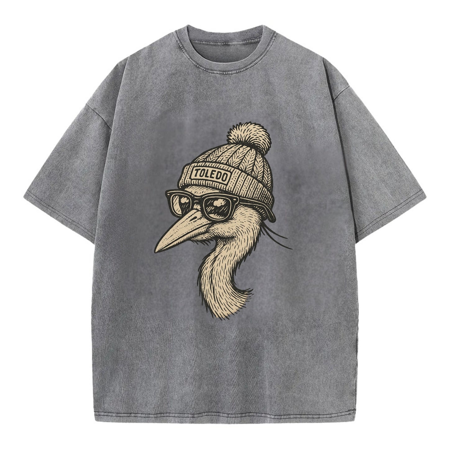 Toledo Great Blue Heron wearing Toledo beanie with pom pom and wayfarer sunglasses - Vintage T-shirt - Grey