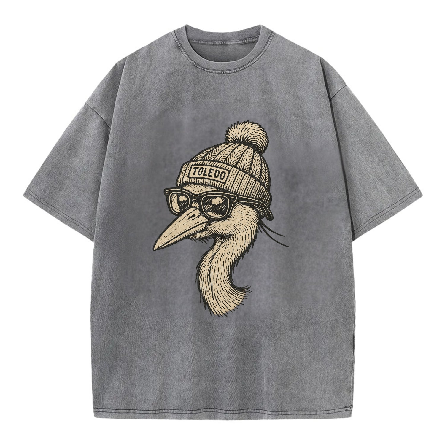 Toledo Great Blue Heron wearing Toledo beanie with pom pom and wayfarer sunglasses - Vintage T-shirt - Grey