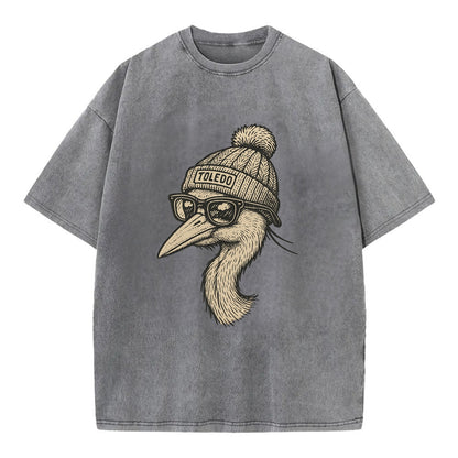 Toledo Great Blue Heron wearing Toledo beanie with pom pom and wayfarer sunglasses - Vintage T-shirt - Grey