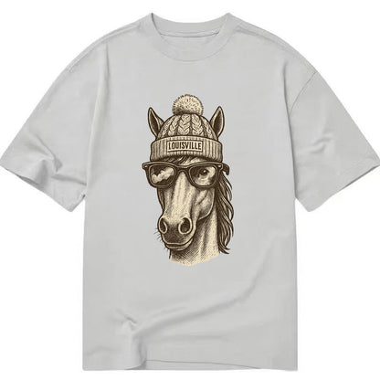 Kentucky Thoroughbred Horse wearing Louisville beanie with pom pom and wayfarer - Classic T-shirt - Grey