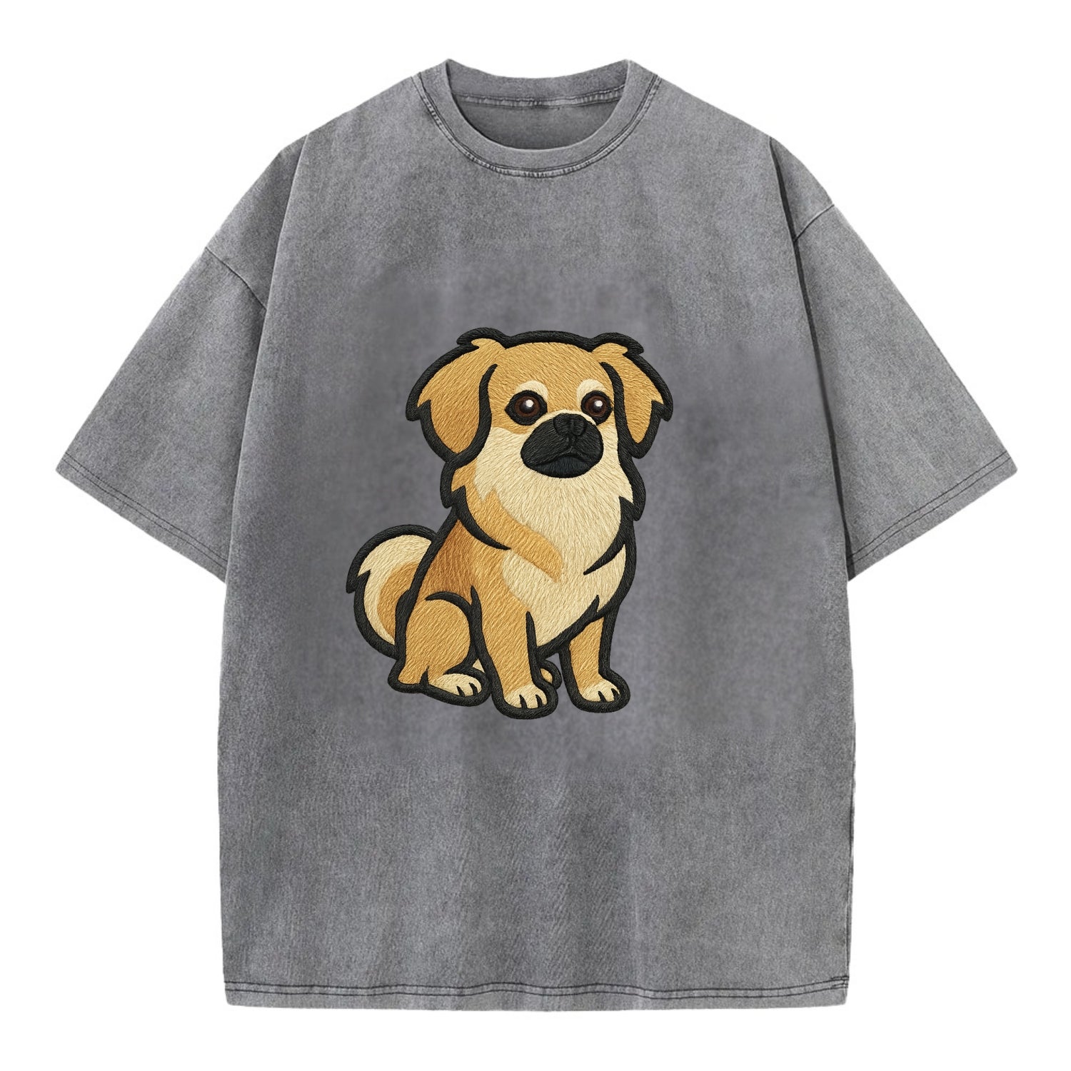 Tibetan Spaniel - Fawn small dog embroidered design - Vintage T-shirt - Grey