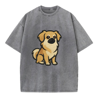 Tibetan Spaniel - Fawn small dog embroidered design - Vintage T-shirt - Grey