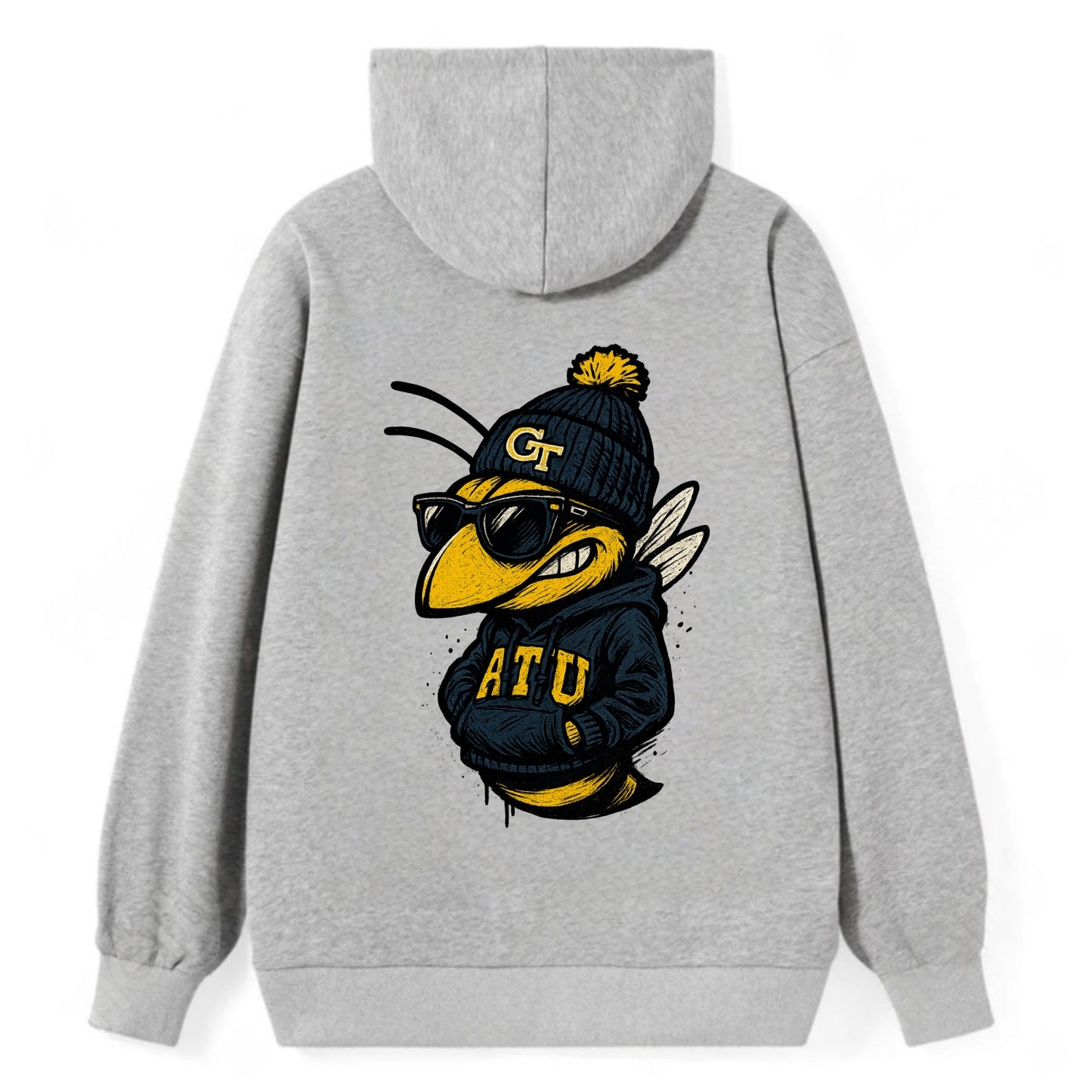 Atlanta Yellow Jacket wearing Georgia Tech beanie with GT patch - Classic Pullover Hoodie - Grey