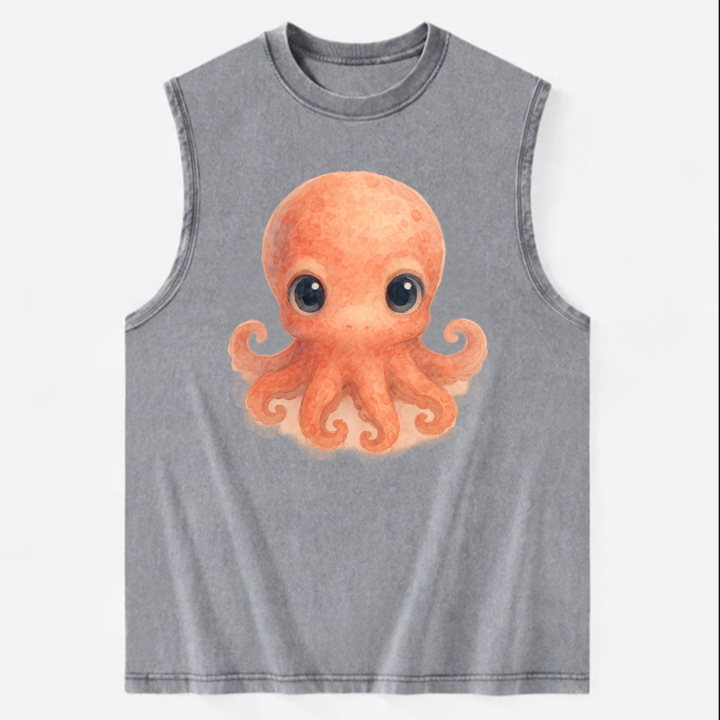 Baby Octopus - red-orange, eight tiny tentacles curled, large intelligent - Vintage Washed Tank - Grey
