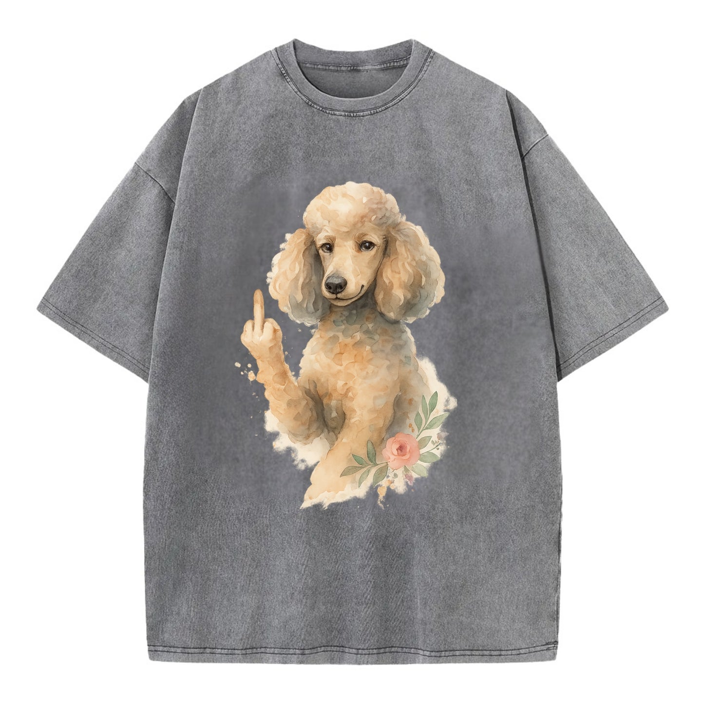 Standard Poodle with curly styled coat, intelligent face, fancy paw giving finger - Vintage T-shirt - Grey