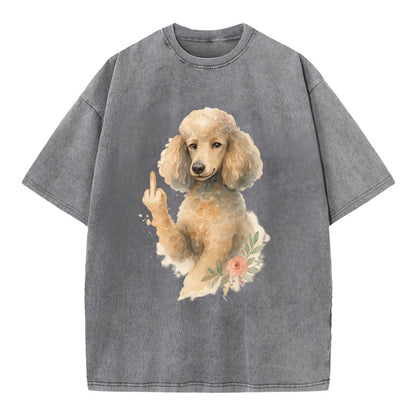 Standard Poodle with curly styled coat, intelligent face, fancy paw giving finger - Vintage T-shirt - Grey