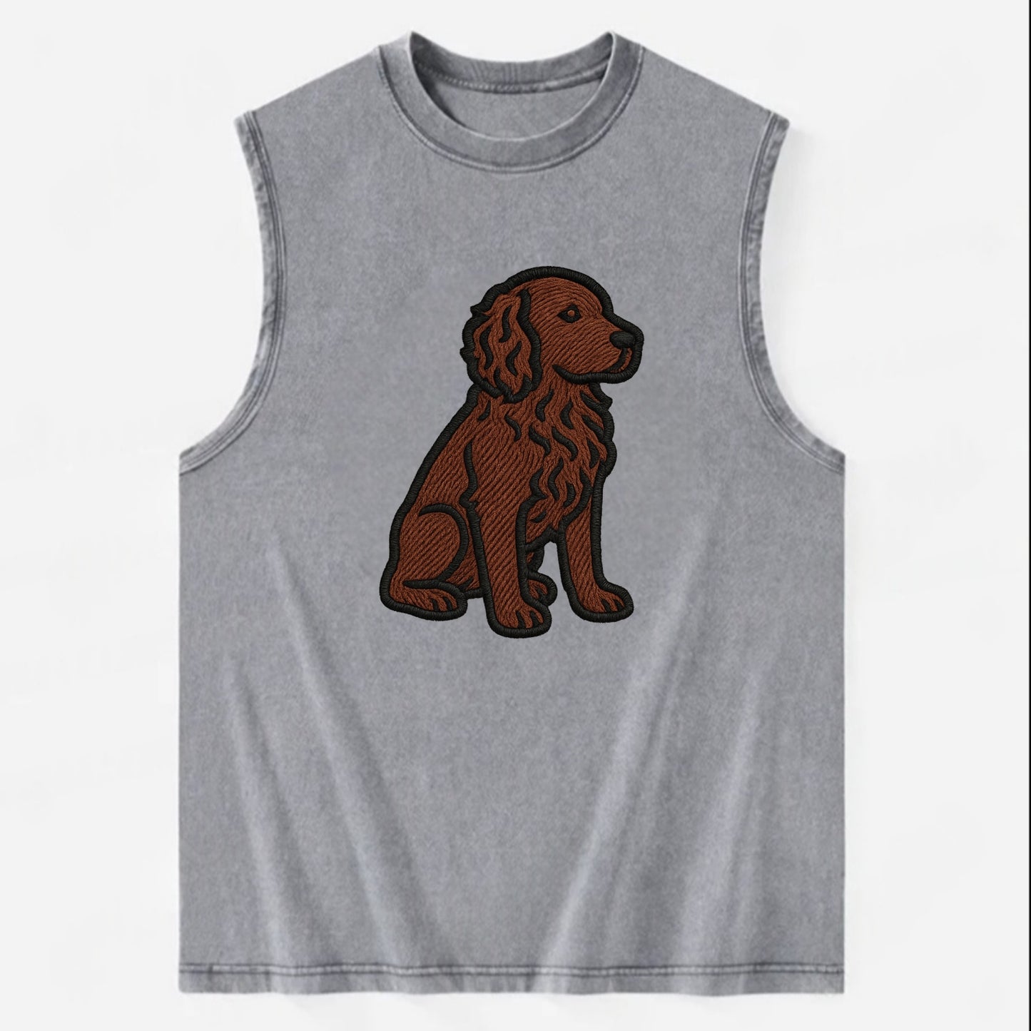 Boykin Spaniel - Rich chocolate brown wavy coat embroidered sitting pose - Vintage Washed Tank - Grey