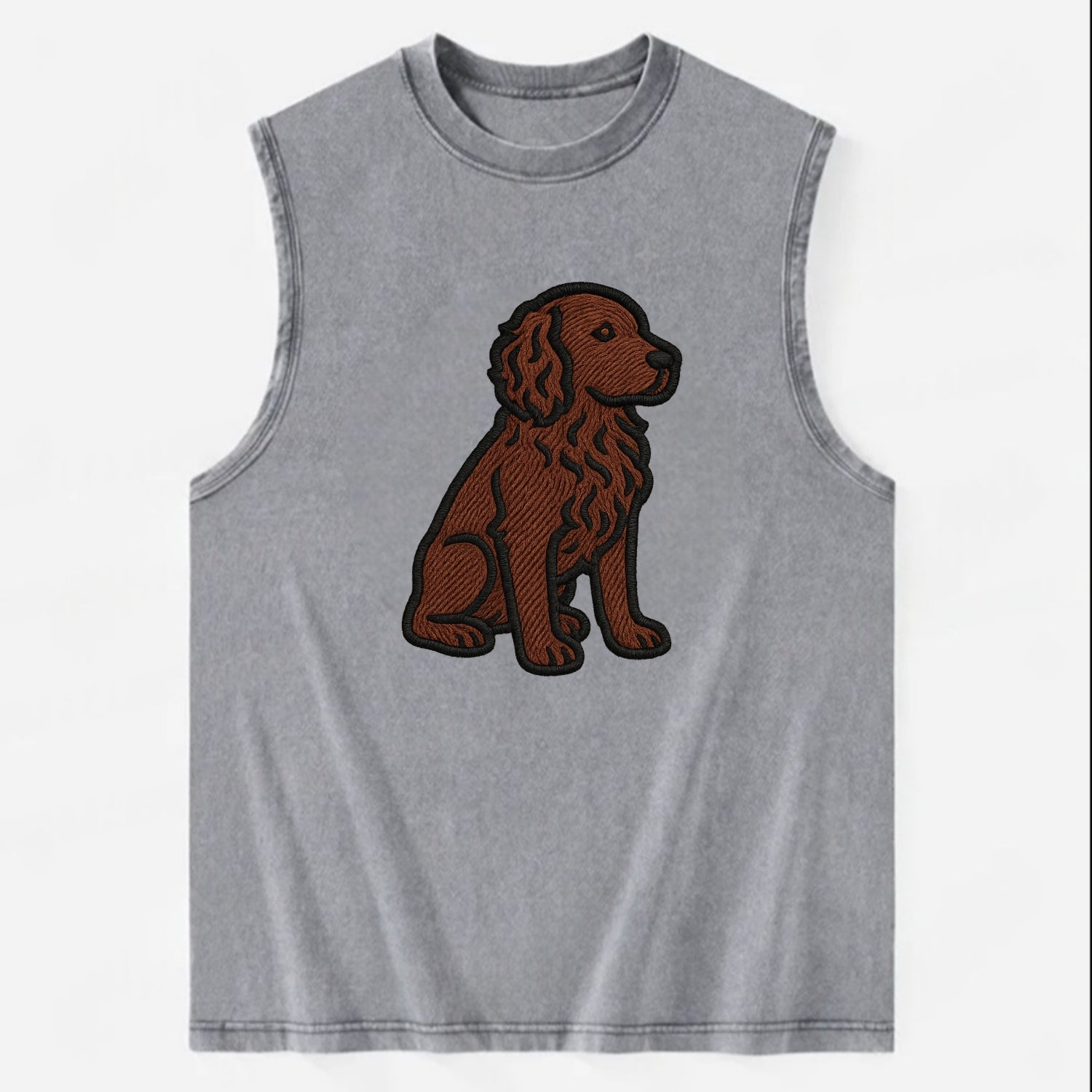 Boykin Spaniel - Rich chocolate brown wavy coat embroidered sitting pose - Vintage Washed Tank - Grey