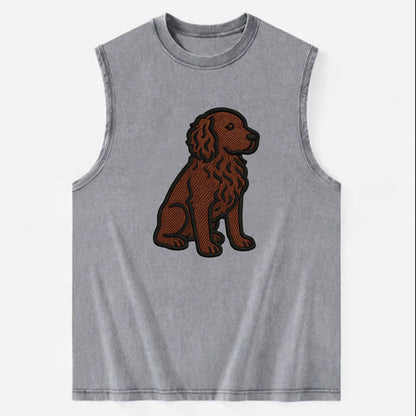 Boykin Spaniel - Rich chocolate brown wavy coat embroidered sitting pose - Vintage Washed Tank - Grey