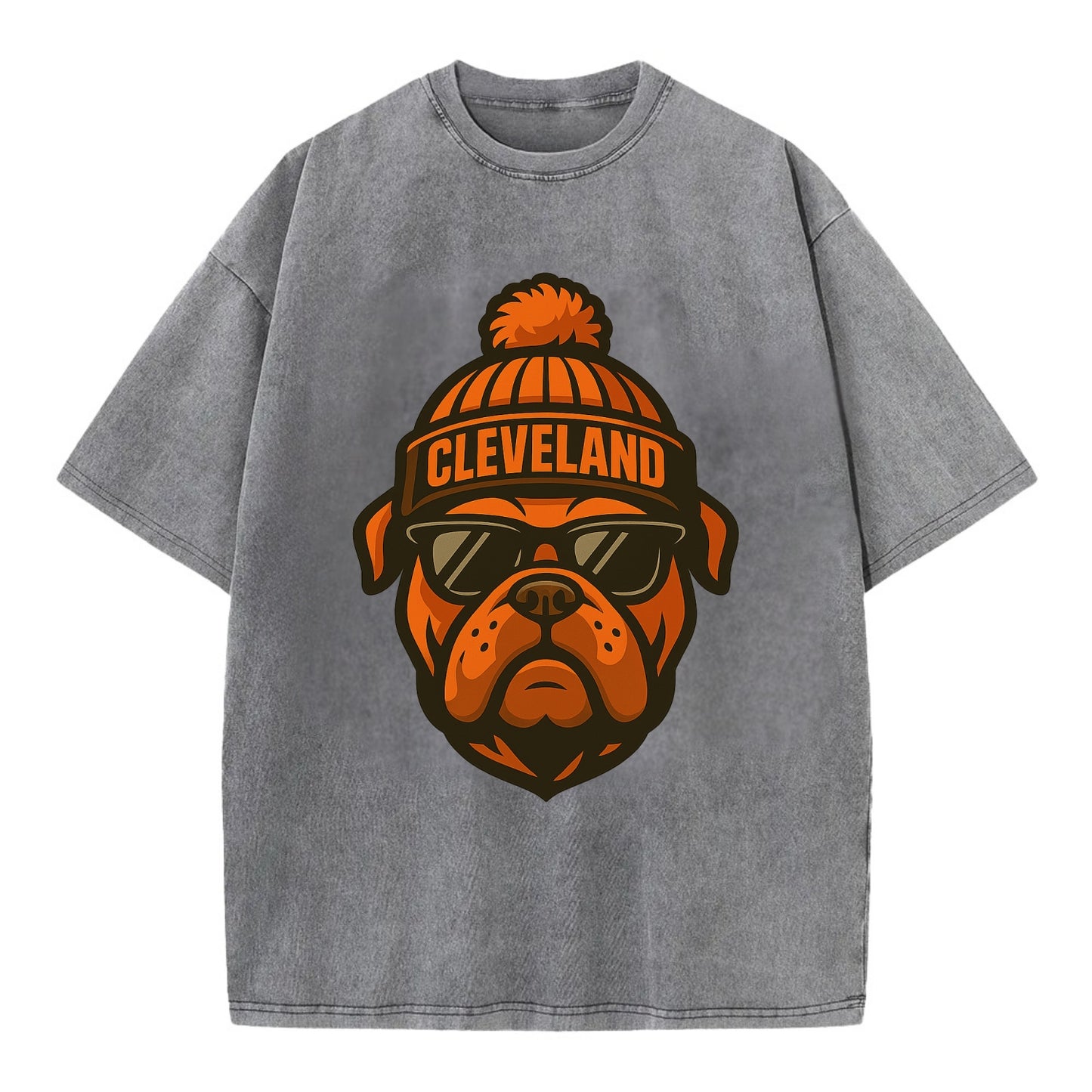 Cleveland Bulldog wearing Browns orange and brown beanie with pom pom and - Vintage T-shirt - Grey
