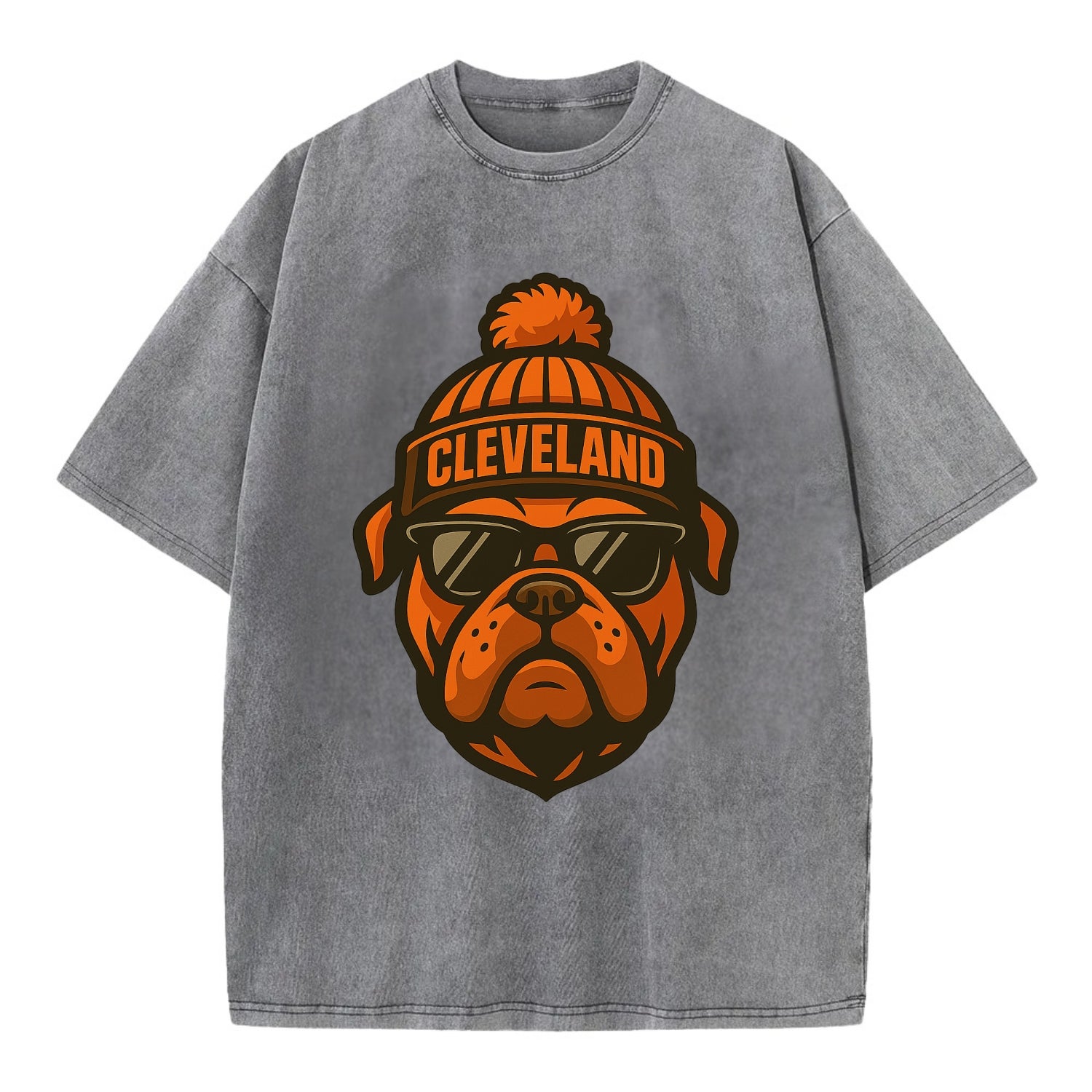 Cleveland Bulldog wearing Browns orange and brown beanie with pom pom and - Vintage T-shirt - Grey