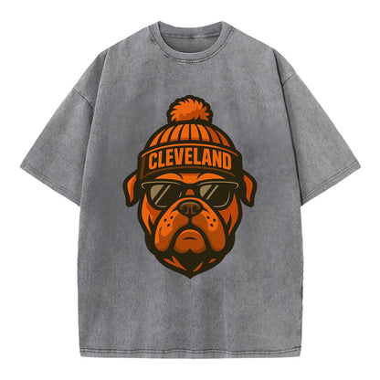 Cleveland Bulldog wearing Browns orange and brown beanie with pom pom and - Vintage T-shirt - Grey