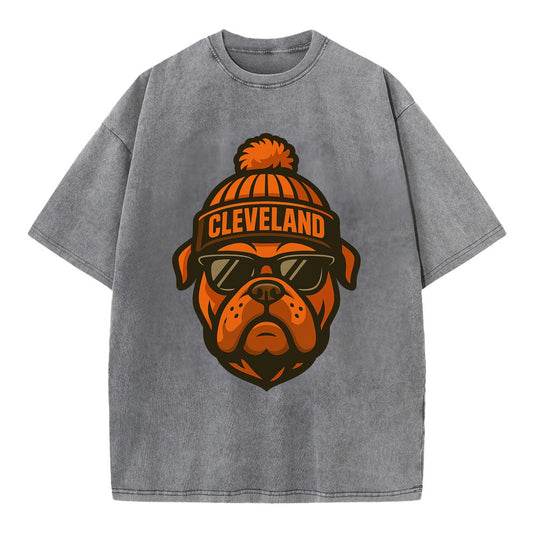 Cleveland Bulldog wearing Browns orange and brown beanie with pom pom and - Vintage T-shirt - Grey
