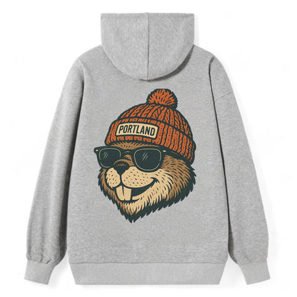 Oregon Beaver wearing Portland beanie with pom pom and wayfarer sunglasses - Classic Pullover Hoodie - Grey