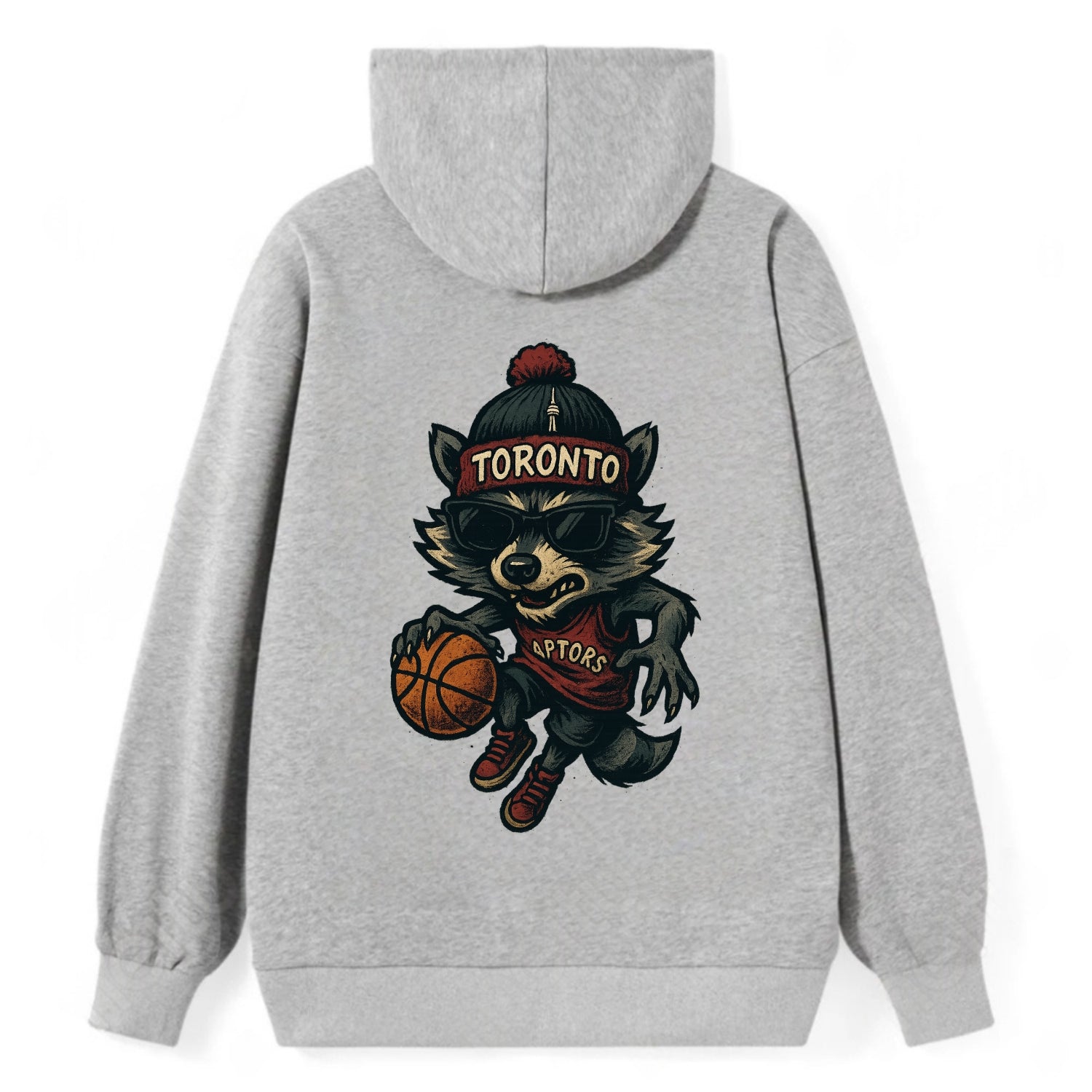 Toronto Raccoon wearing Raptors beanie with CN Tower patch and wayfarer - Classic Pullover Hoodie - Grey