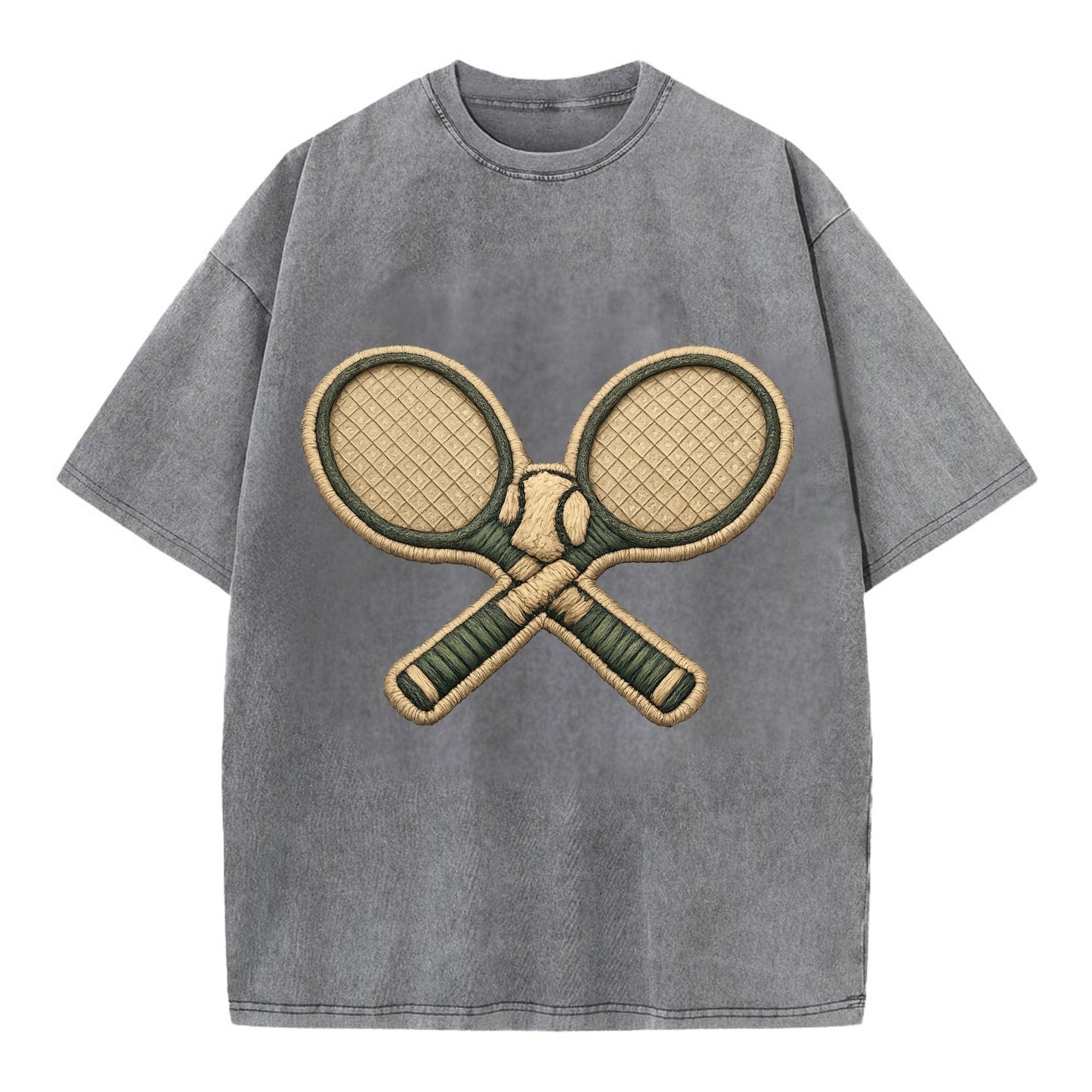 Embroidered patch design - TENNIS RACKET CROSSED - tennis rackets with ball in - Vintage T-shirt - Grey