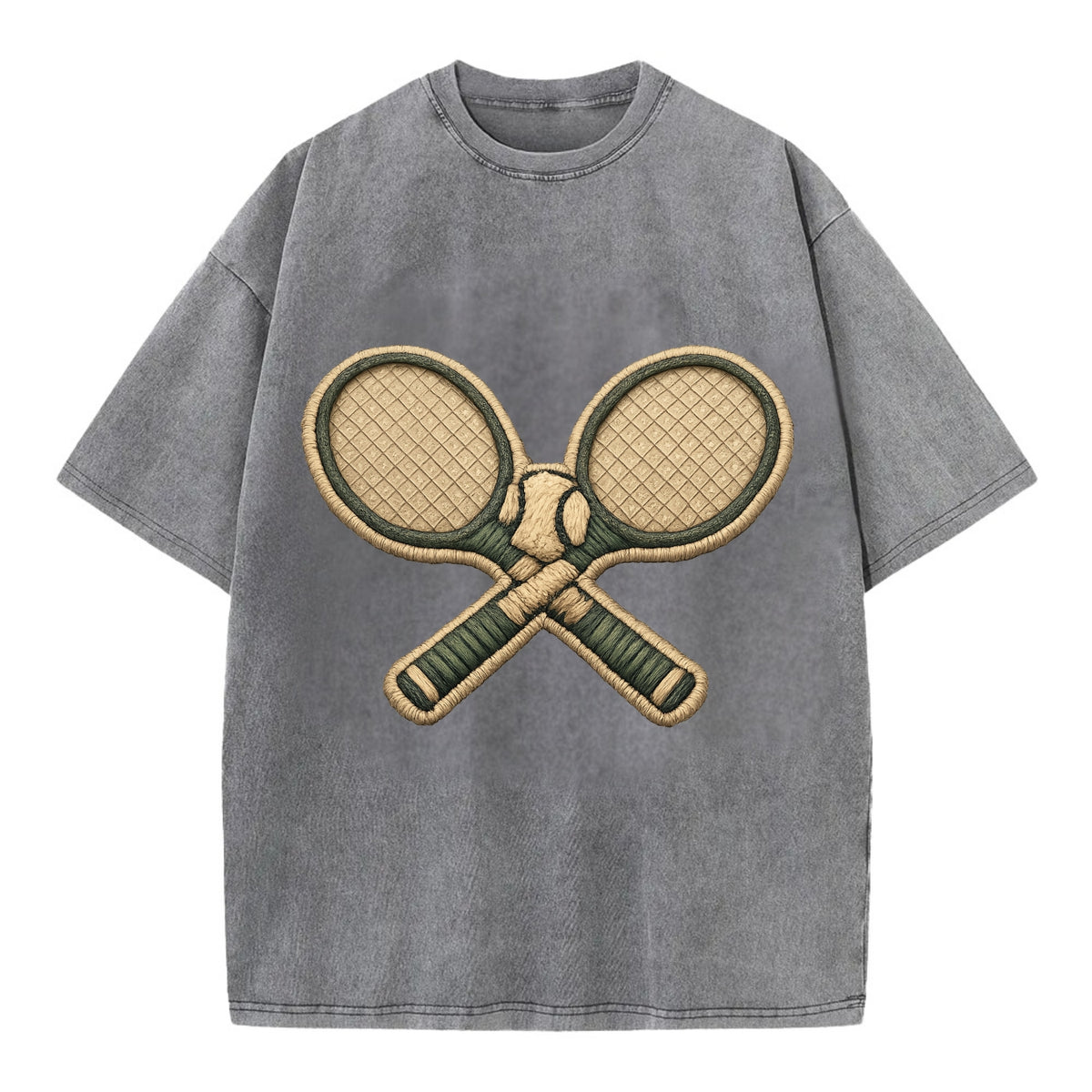 Embroidered patch design - TENNIS RACKET CROSSED - tennis rackets with ball in - Vintage T-shirt - Grey