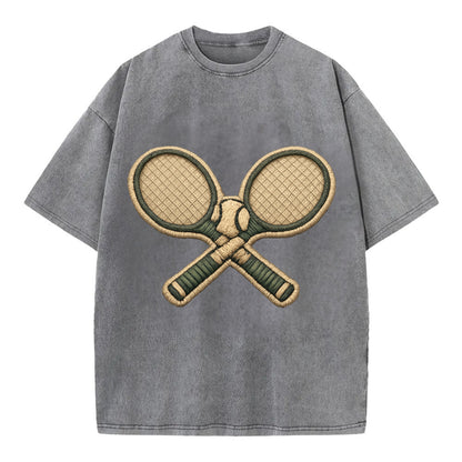 Embroidered patch design - TENNIS RACKET CROSSED - tennis rackets with ball in - Vintage T-shirt - Grey