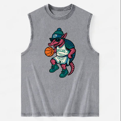 Dallas Armadillo wearing Mavericks beanie with cowboy hat patch and wayfarer - Vintage Washed Tank - Grey