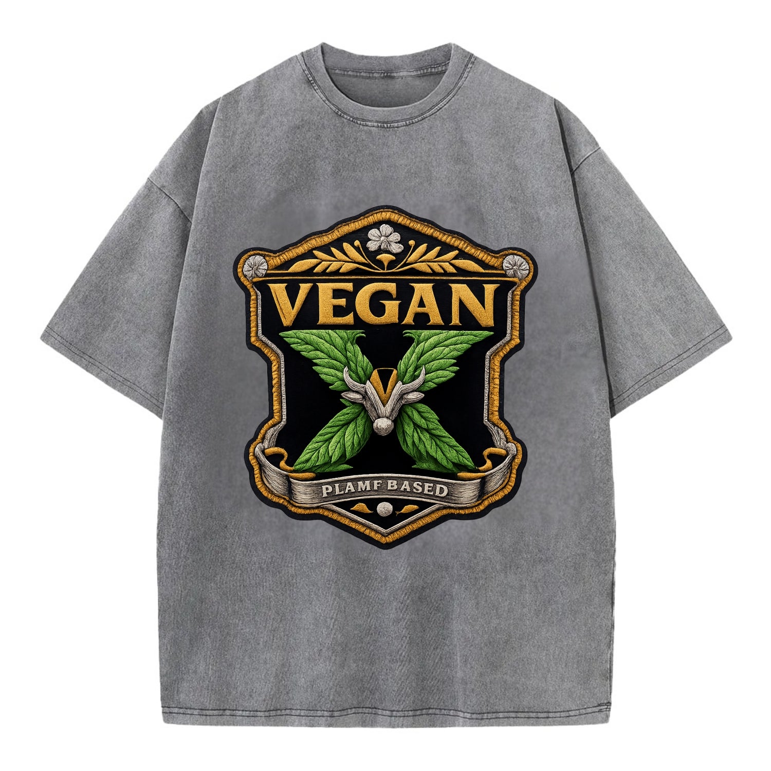 VEGAN X - plant-based symbol in green , animal rights - Vintage T-shirt - Grey