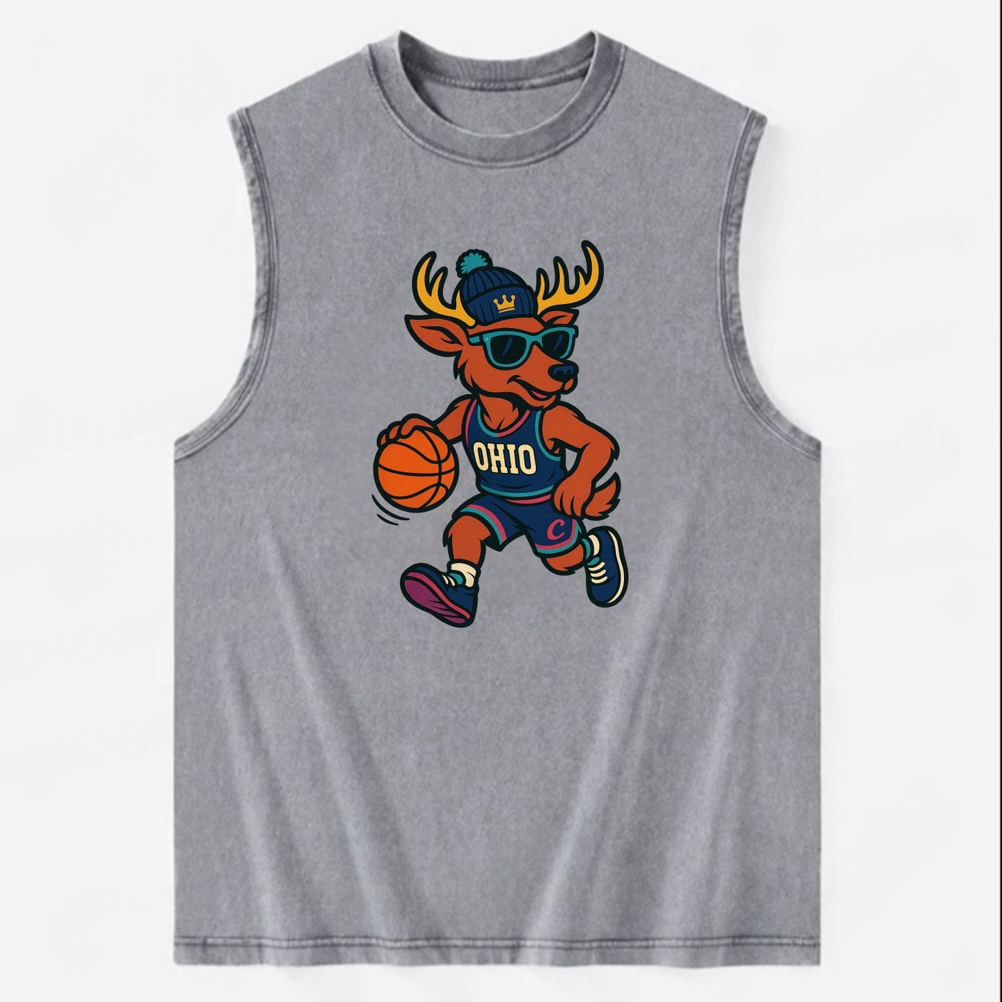 Ohio Deer wearing Cavs beanie with crown patch and wayfarer sunglasses - Vintage Washed Tank - Grey