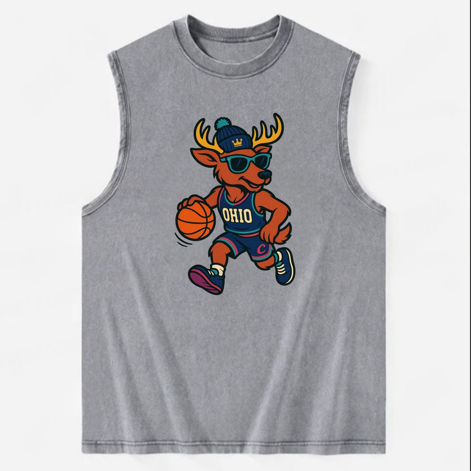 Ohio Deer wearing Cavs beanie with crown patch and wayfarer sunglasses - Vintage Washed Tank - Grey
