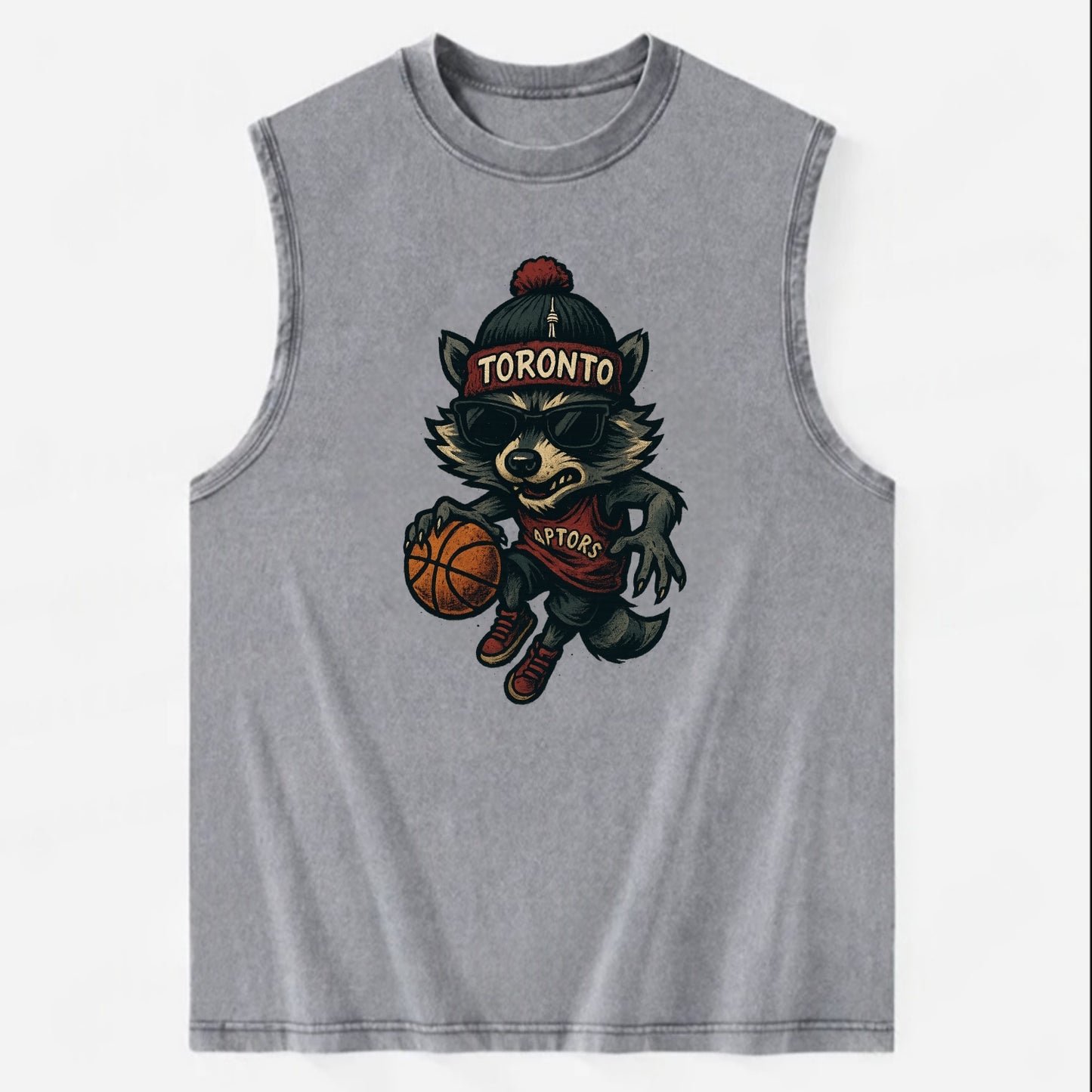 Toronto Raccoon wearing Raptors beanie with CN Tower patch and wayfarer - Vintage Washed Tank - Grey