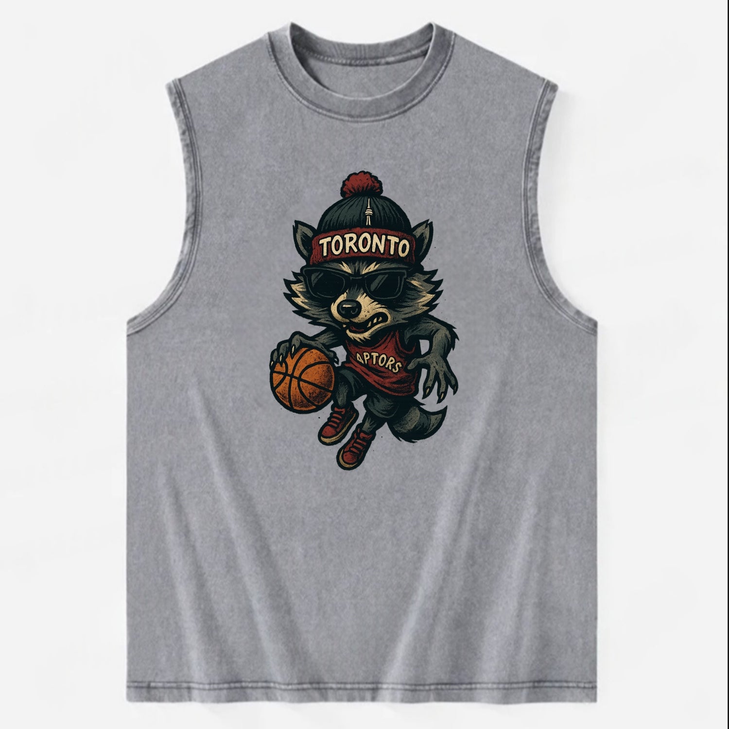 Toronto Raccoon wearing Raptors beanie with CN Tower patch and wayfarer - Vintage Washed Tank - Grey