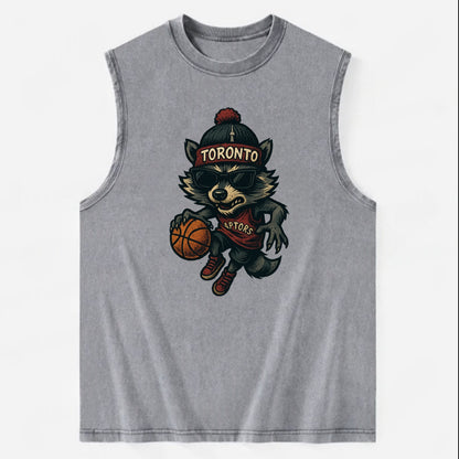 Toronto Raccoon wearing Raptors beanie with CN Tower patch and wayfarer - Vintage Washed Tank - Grey
