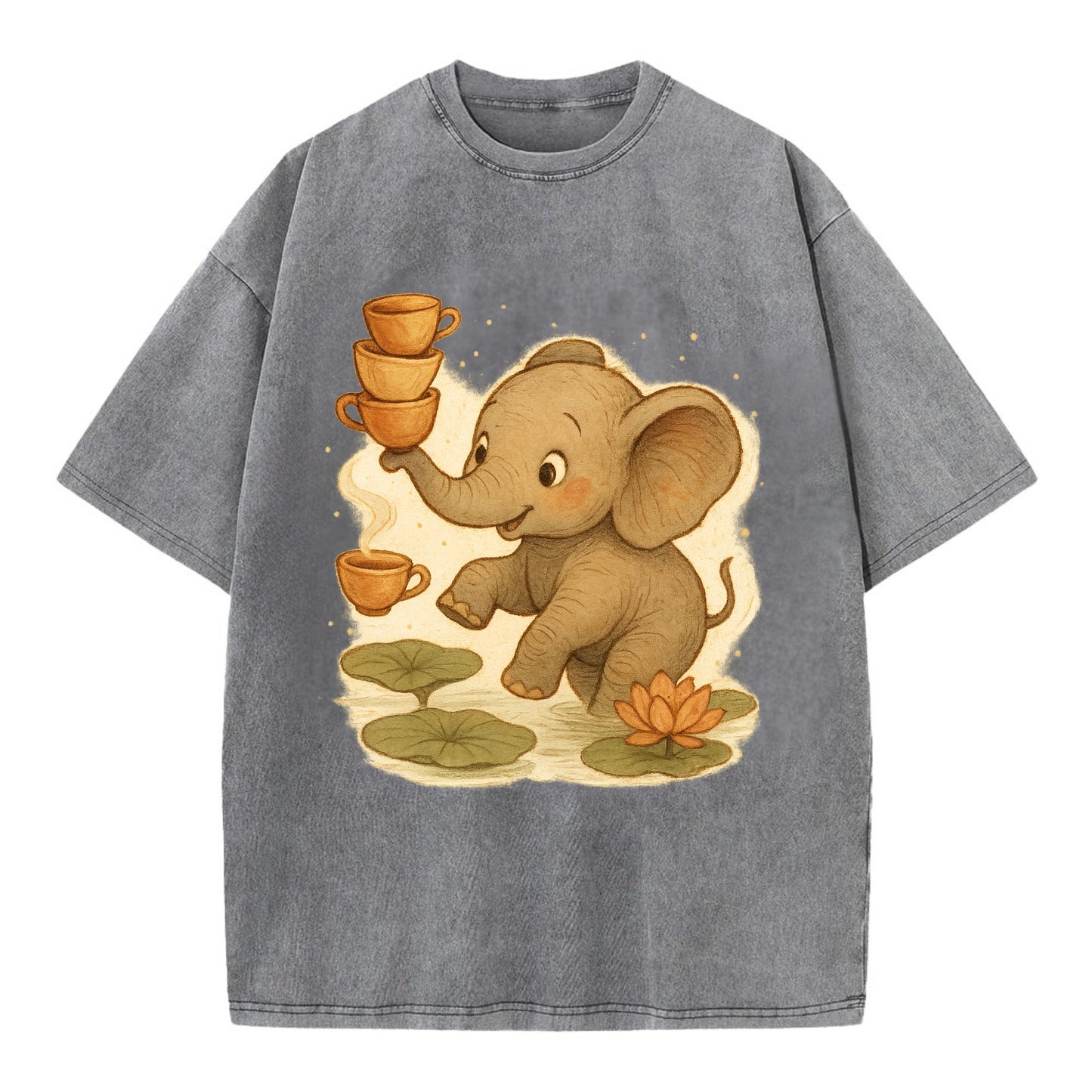 Elephant balancing teacups during a floating tea ceremony beside lotus ponds - Vintage T-shirt - Grey