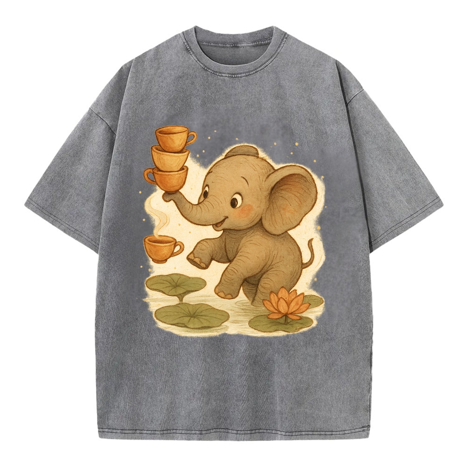 Elephant balancing teacups during a floating tea ceremony beside lotus ponds - Vintage T-shirt - Grey