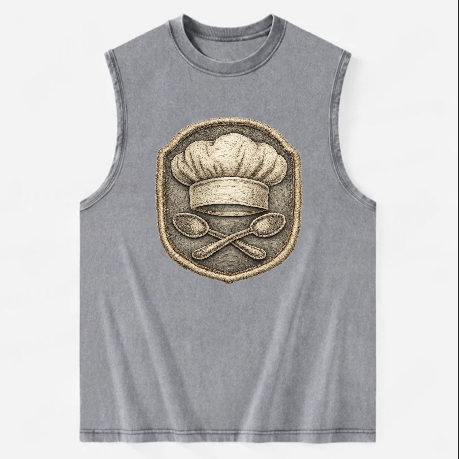 COOKING CHEF HAT - toque blanche with crossed spoons in white and silver , - Vintage Washed Tank - Grey
