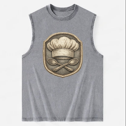 COOKING CHEF HAT - toque blanche with crossed spoons in white and silver , - Vintage Washed Tank - Grey