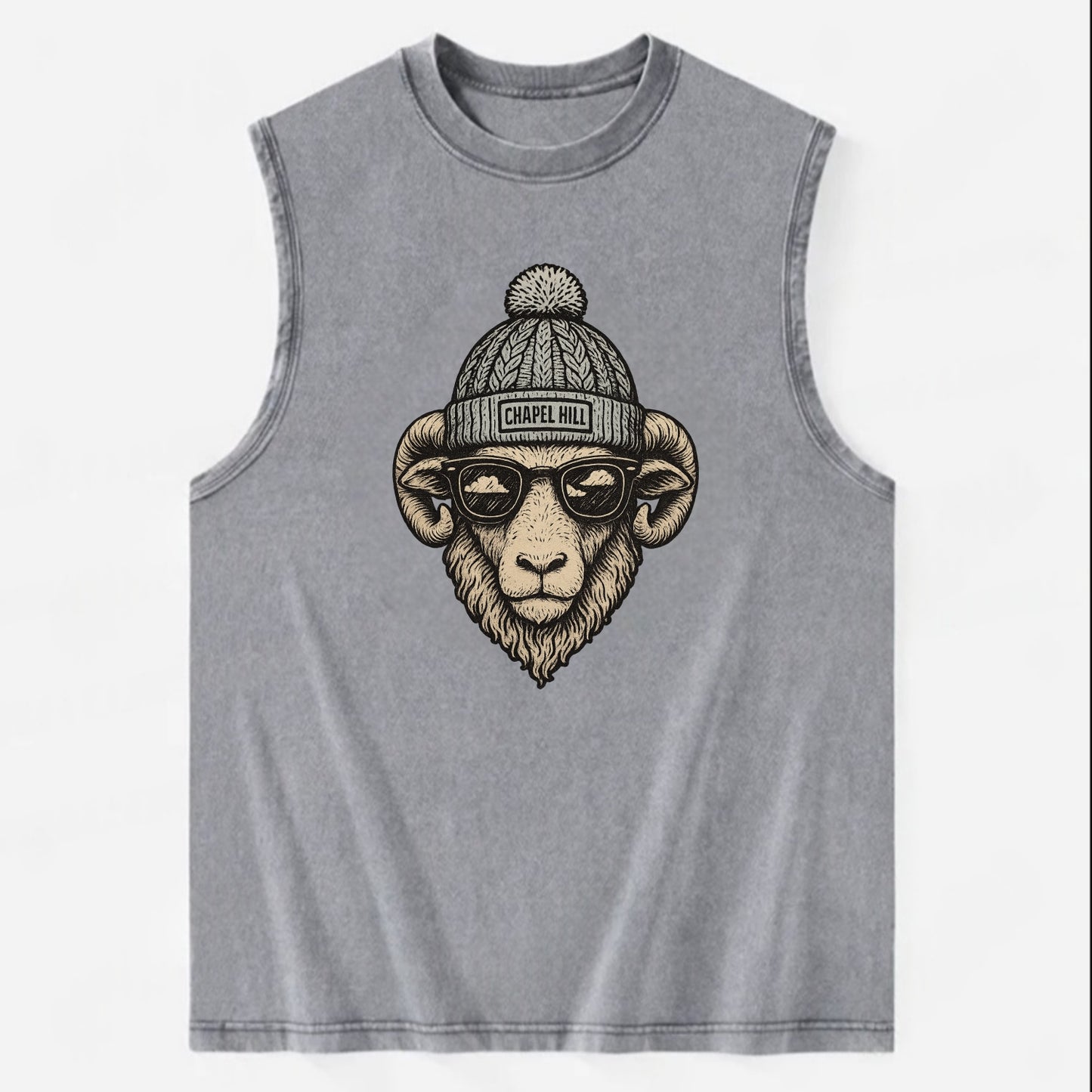 Chapel Hill Tar Heel Ram wearing UNC bea - Vintage Washed Tank - Grey