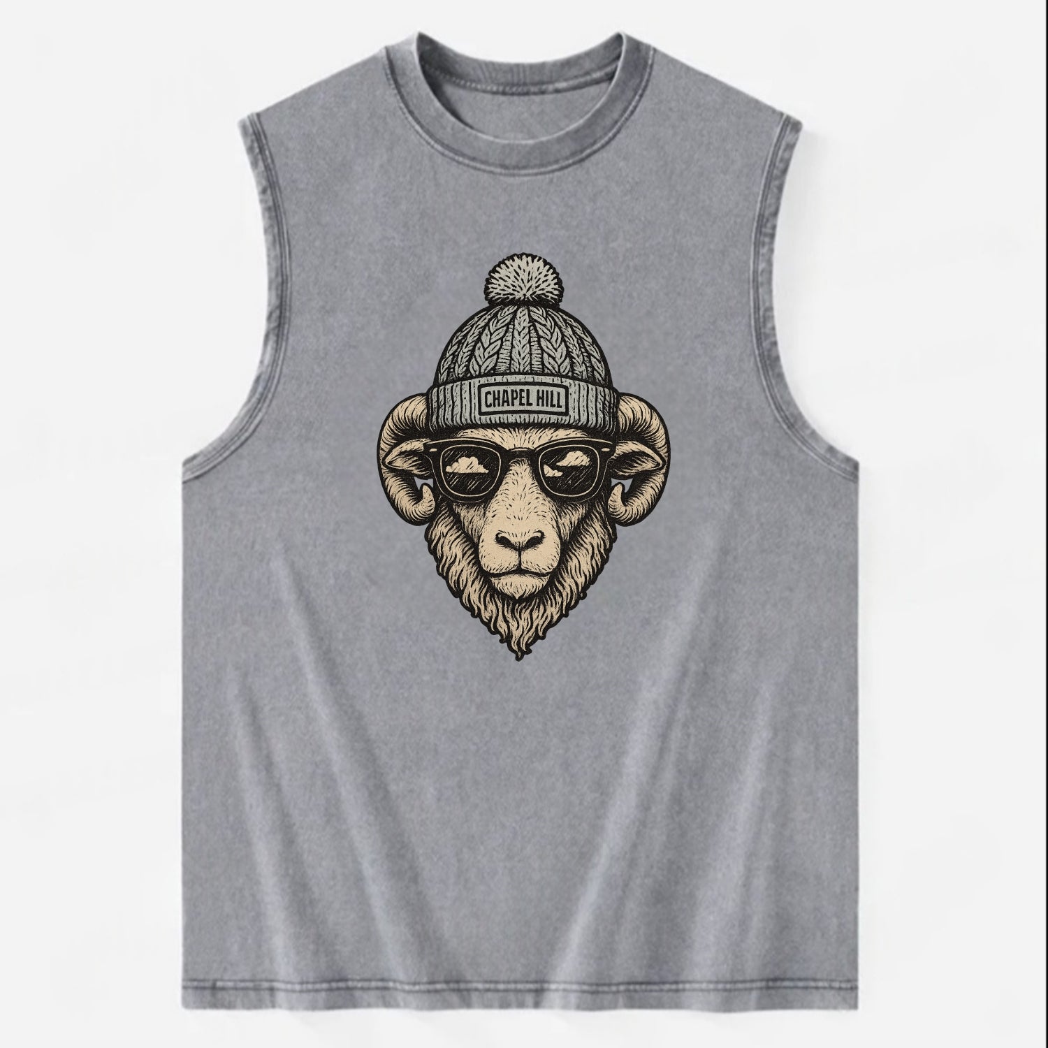 Chapel Hill Tar Heel Ram wearing UNC bea - Vintage Washed Tank - Grey