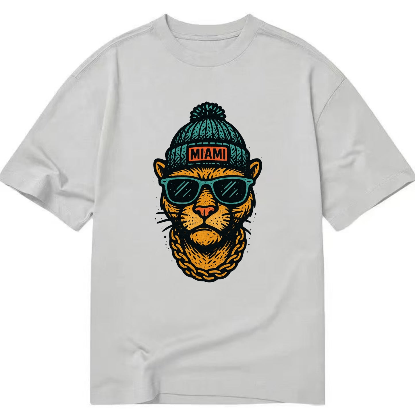 Florida Panther wearing Miami beanie with pom pom and wayfarer sunglasses - Classic T-shirt - Grey