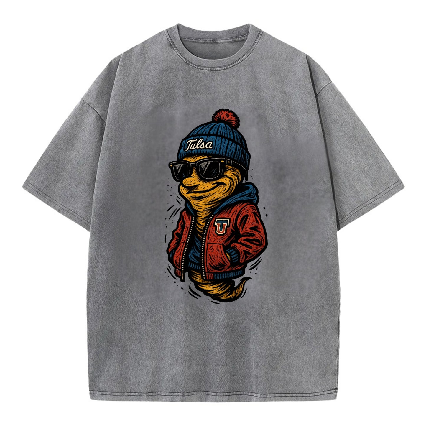 Tulsa Hurricane wearing Tulsa beanie with TU patch - Vintage T-shirt - Grey