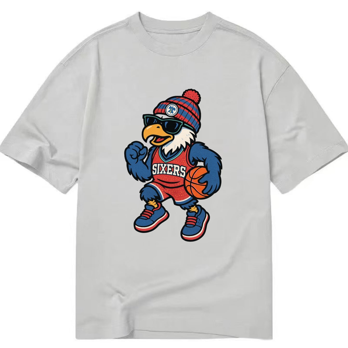 Philadelphia Eagle wearing 76ers red white and blue beanie with bell patch and - Classic T-shirt - Grey