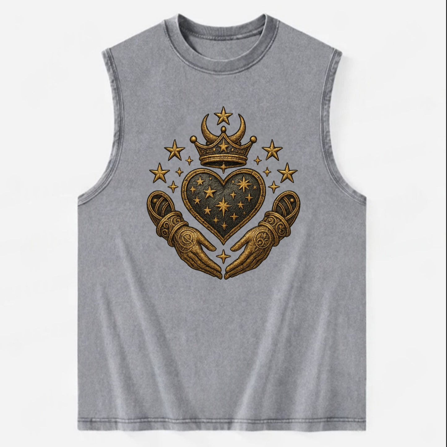 Weathered antique brass crown above a hammered gunmetal heart framed by - Vintage Washed Tank - Grey
